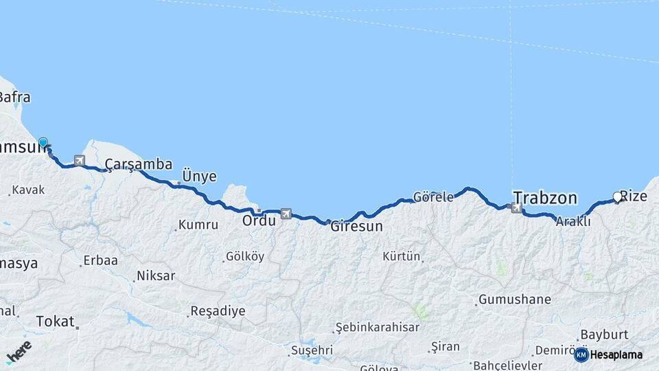 Samsun Atakum Rize Arası Kaç Km - Yol Haritası