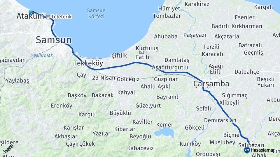 Samsun Atakum Salıpazarı Arası Kaç Km - Yol Haritası