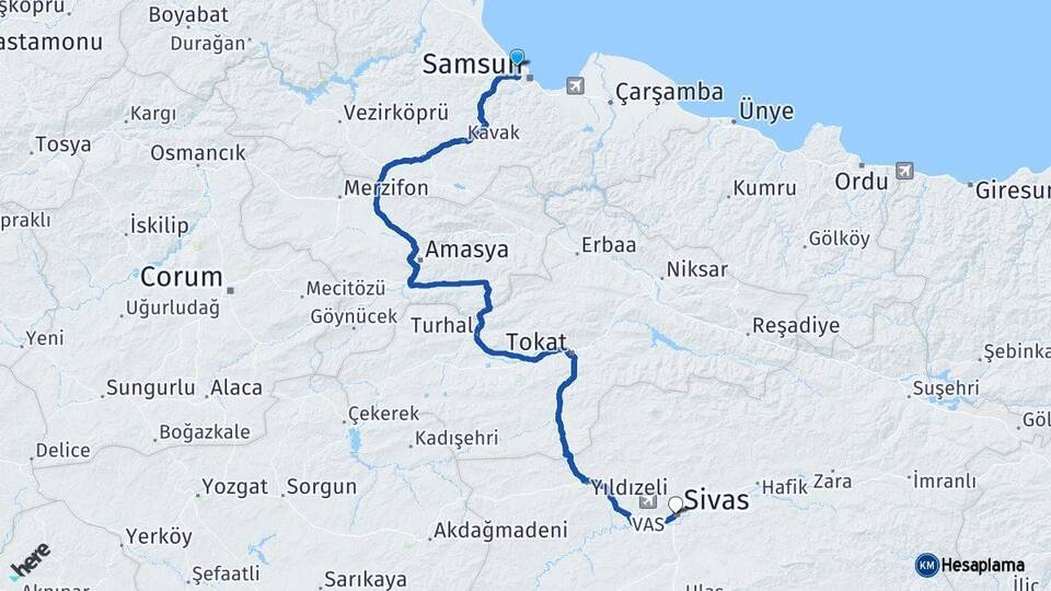 Samsun Atakum Sivas Arası Kaç Km - Yol Haritası