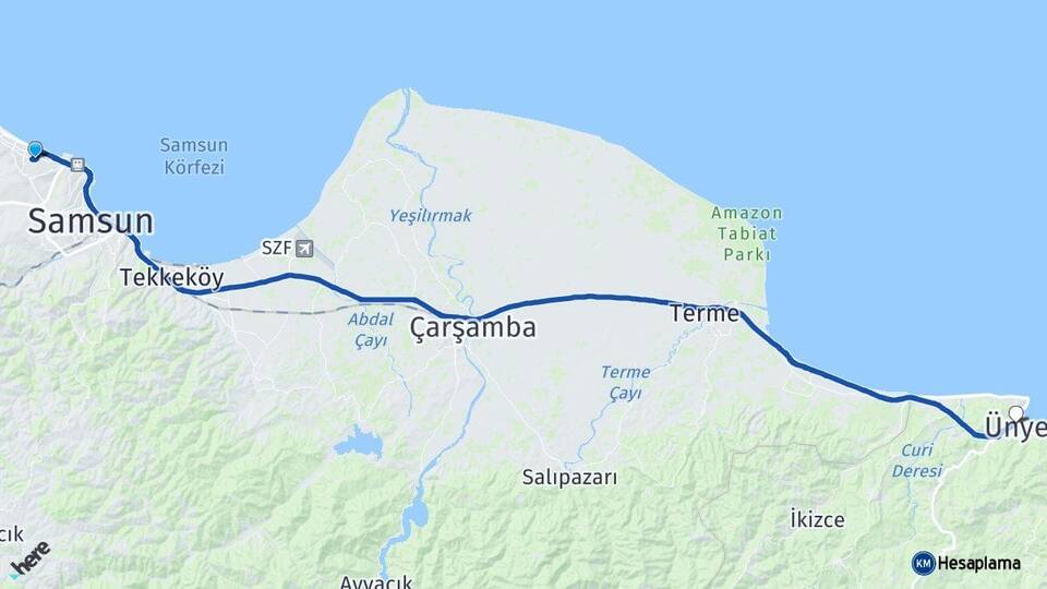 Samsun Atakum Ünye Ordu Arası Kaç Km - Yol Haritası