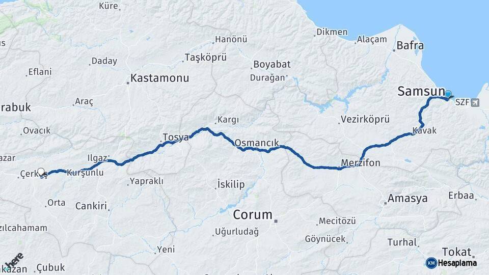 Samsun Atkaracalar Çankırı Arası Kaç Km - Yol Haritası