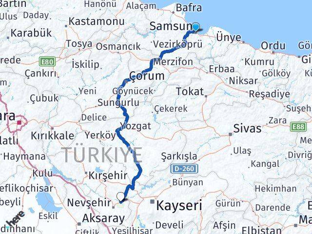 Samsun Avanos Nevşehir Arası Kaç Km - Yol Haritası