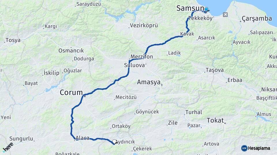 Samsun Aydıncık Yozgat Arası Kaç Km - Yol Haritası