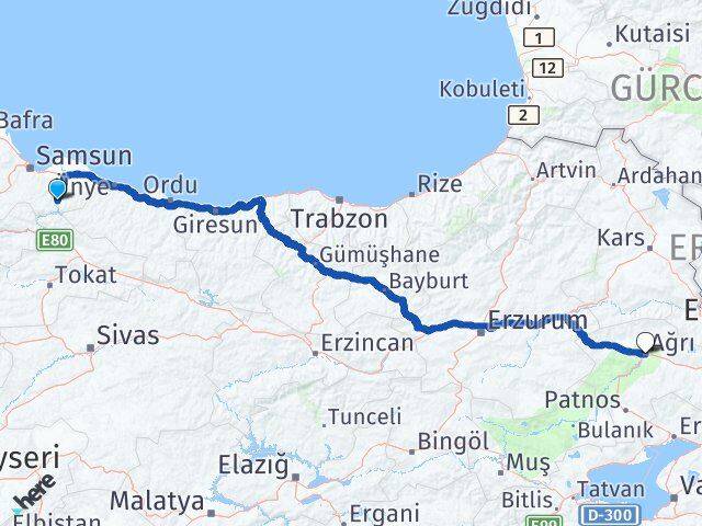 Samsun Ayvacık Ağrı Arası Kaç Km - Yol Haritası