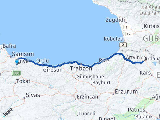 Samsun Ayvacık Ardahan Arası Kaç Km - Yol Haritası