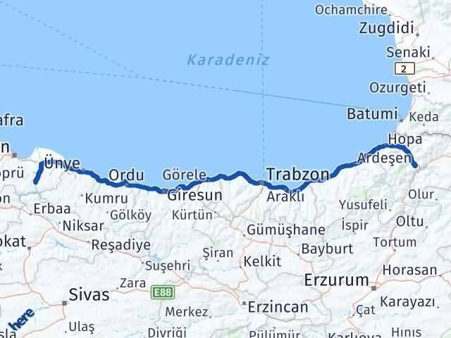 Samsun Ayvacık Artvin Arası Kaç Km - Yol Haritası