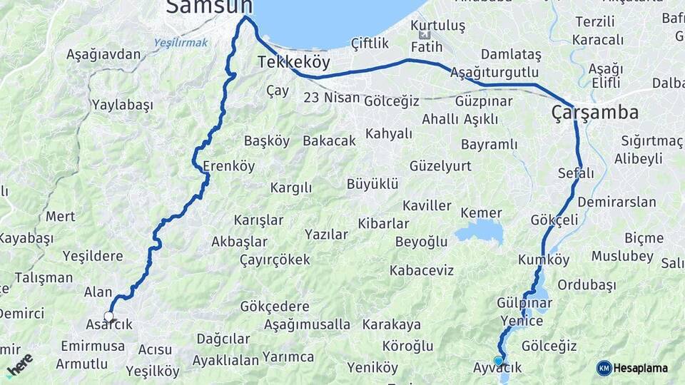 Samsun Ayvacık Asarcık Arası Kaç Km - Yol Haritası