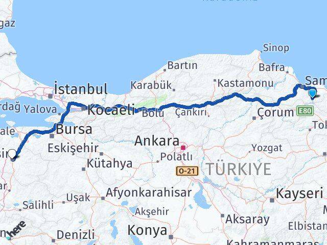 Samsun Ayvacık Balıkesir Arası Kaç Km - Yol Haritası
