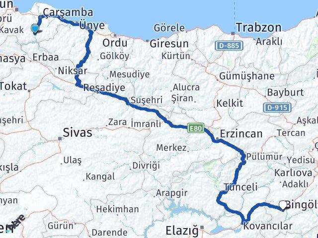 Samsun Ayvacık Bingöl Arası Kaç Km - Yol Haritası