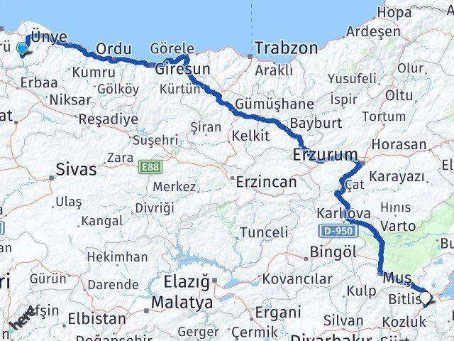 Samsun Ayvacık Bitlis Arası Kaç Km - Yol Haritası