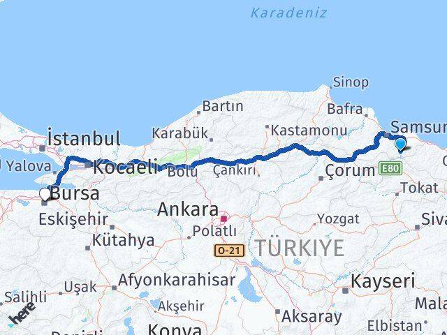 Samsun Ayvacık Bursa Arası Kaç Km - Yol Haritası