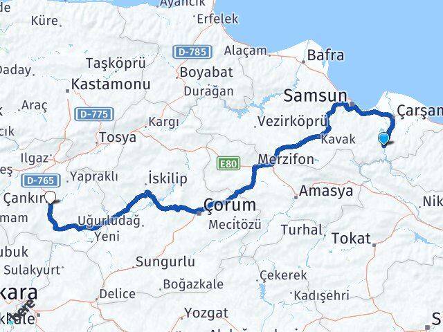 Samsun Ayvacık Çankırı Arası Kaç Km - Yol Haritası