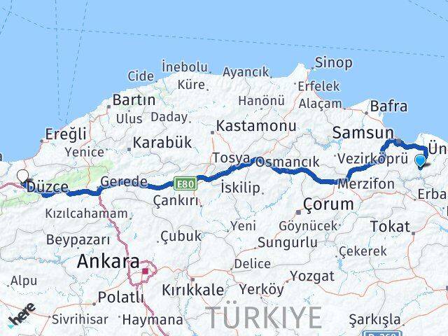 Samsun Ayvacık Düzce Arası Kaç Km - Yol Haritası