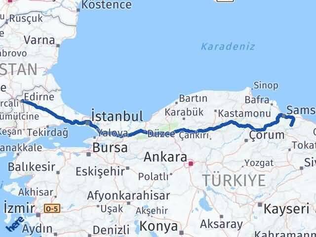 Samsun Ayvacık Edirne Arası Kaç Km - Yol Haritası