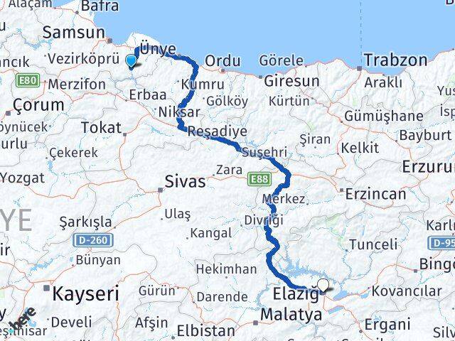 Samsun Ayvacık Elazığ Arası Kaç Km - Yol Haritası