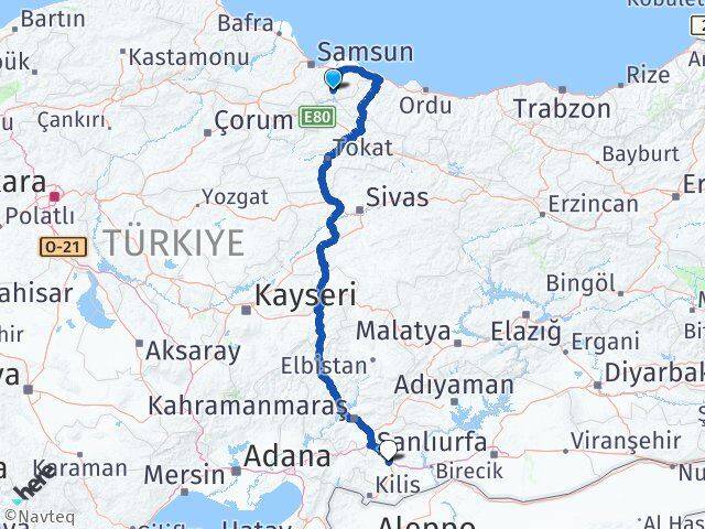 Samsun Ayvacık Gaziantep Arası Kaç Km - Yol Haritası