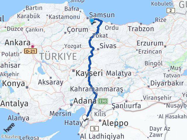 Samsun Ayvacık Hatay Arası Kaç Km - Yol Haritası