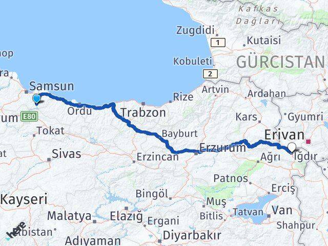 Samsun Ayvacık Iğdır Arası Kaç Km - Yol Haritası