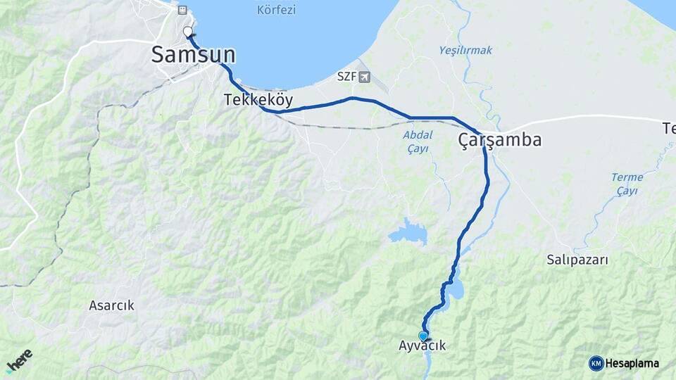 Samsun Ayvacık İlkadım Arası Kaç Km - Yol Haritası