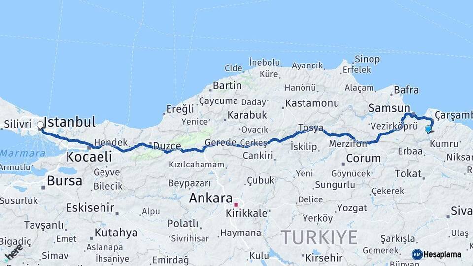 Samsun Ayvacık İstanbul Arası Kaç Km - Yol Haritası
