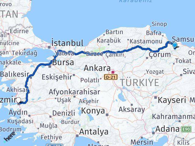 Samsun Ayvacık İzmir Arası Kaç Km - Yol Haritası