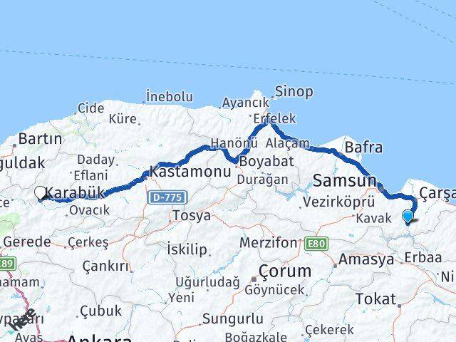 Samsun Ayvacık Karabük Arası Kaç Km - Yol Haritası