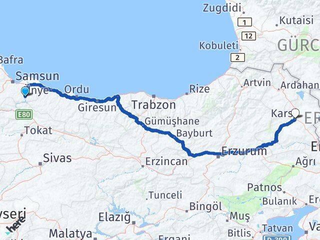 Samsun Ayvacık Kars Arası Kaç Km - Yol Haritası