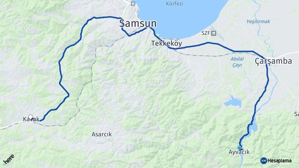 Samsun Ayvacık Kavak Arası Kaç Km - Yol Haritası