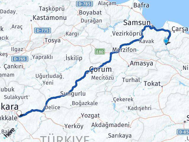 Samsun Ayvacık Kırıkkale Arası Kaç Km - Yol Haritası