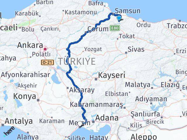 Samsun Ayvacık Mersin Arası Kaç Km - Yol Haritası