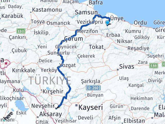 Samsun Ayvacık Nevşehir Arası Kaç Km - Yol Haritası