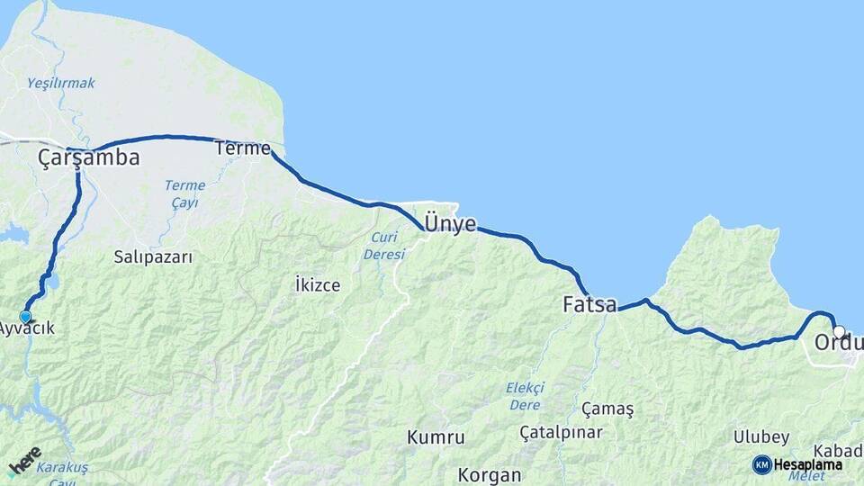 Samsun Ayvacık Ordu Arası Kaç Km - Yol Haritası
