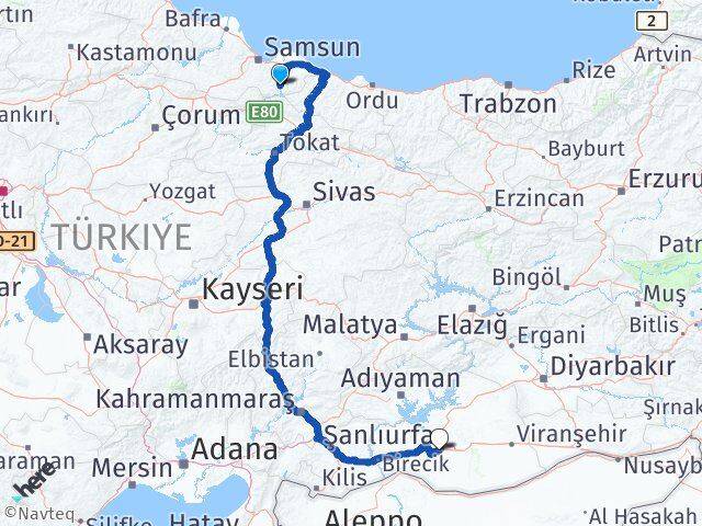 Samsun Ayvacık Şanlıurfa Arası Kaç Km - Yol Haritası