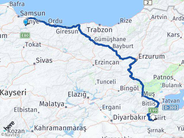 Samsun Ayvacık Siirt Arası Kaç Km - Yol Haritası