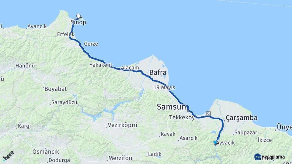 Samsun Ayvacık Sinop Arası Kaç Km - Yol Haritası