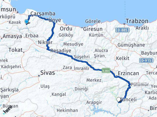Samsun Ayvacık Tunceli Arası Kaç Km - Yol Haritası