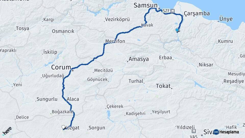 Samsun Ayvacık Yozgat Arası Kaç Km - Yol Haritası