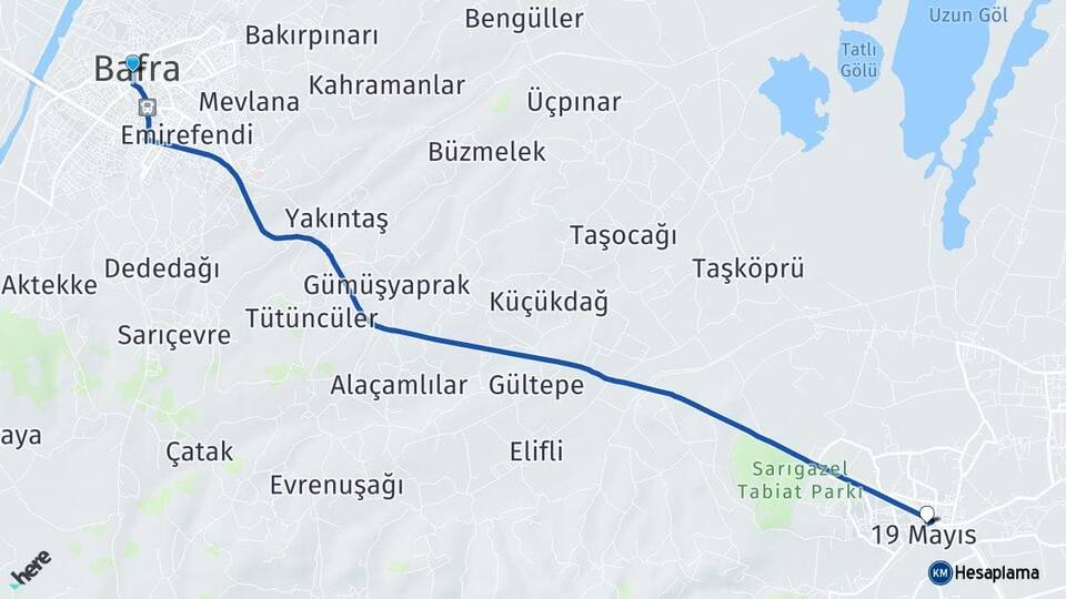 Samsun Bafra 19 Mayıs Arası Kaç Km - Yol Haritası