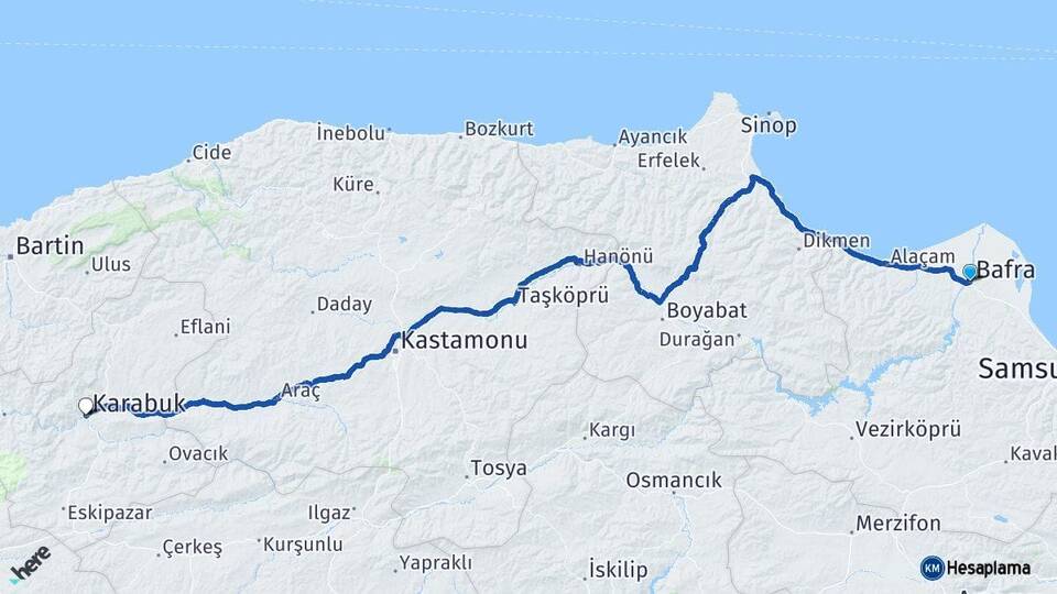 Samsun Bafra Karabük Arası Kaç Km - Yol Haritası