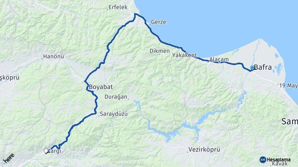 Samsun Bafra Kargı Çorum Arası Kaç Km - Yol Haritası