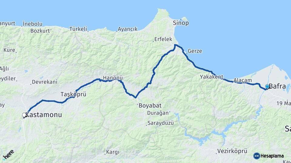 Samsun Bafra Kastamonu Arası Kaç Km - Yol Haritası