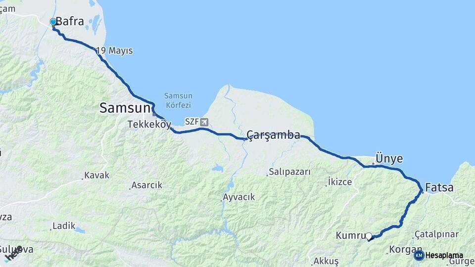 Samsun Bafra Kumru Ordu Arası Kaç Km - Yol Haritası