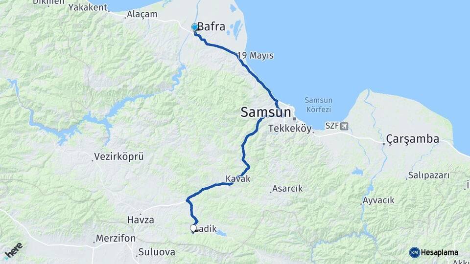 Samsun Bafra Ladik Arası Kaç Km - Yol Haritası
