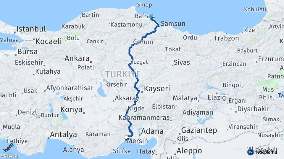 Samsun Bafra Mersin Arası Kaç Km - Yol Haritası
