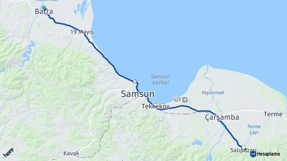 Samsun Bafra Salıpazarı Arası Kaç Km - Yol Haritası