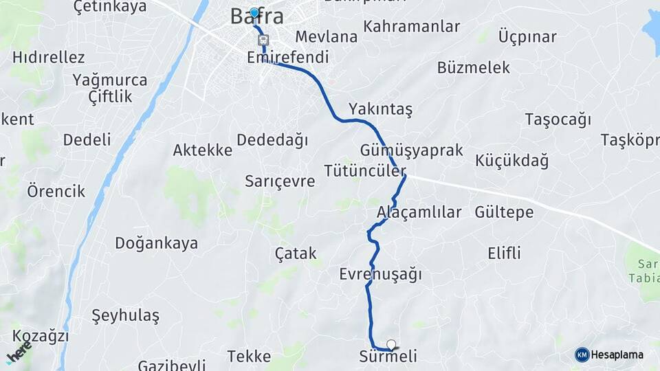 Samsun Bafra Sürmeli Bafra Arası Kaç Km - Yol Haritası