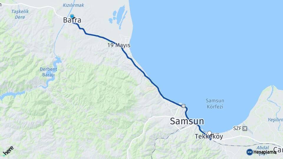 Samsun Bafra Tekkeköy Arası Kaç Km - Yol Haritası