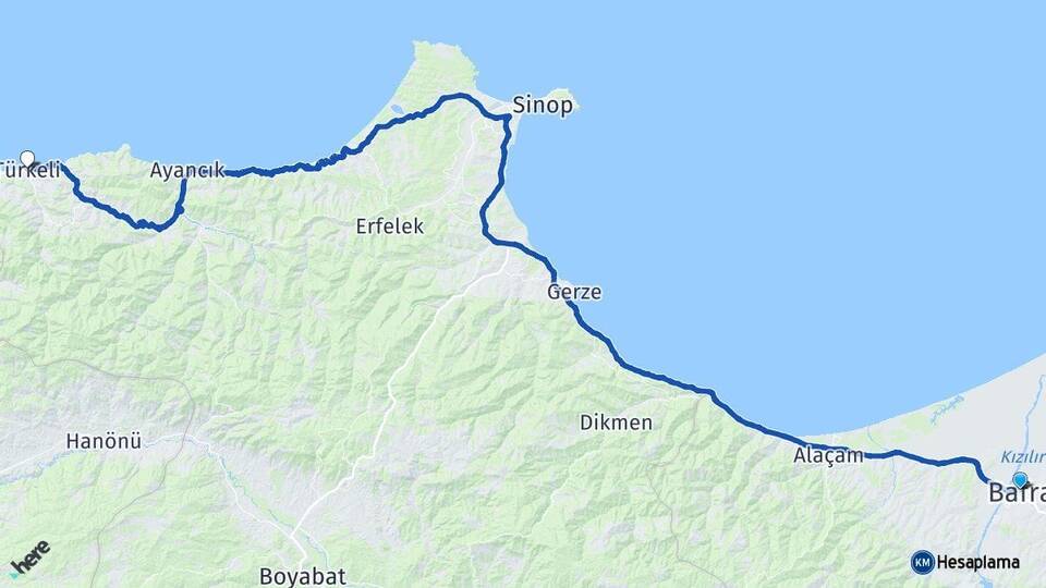 Samsun Bafra Türkeli Sinop Arası Kaç Km - Yol Haritası