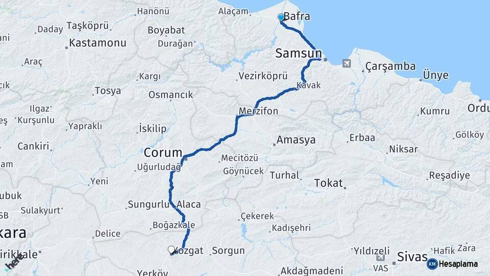 Samsun Bafra Yozgat Arası Kaç Km - Yol Haritası
