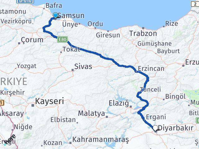 Samsun Bağlar Diyarbakır Arası Kaç Km - Yol Haritası